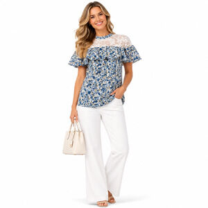 Belle & Sky Peasant Top Women Small Blue Floral Lace Boho Y2K Cottagecore Fairy